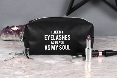I like my eyelashes as black as my soul makeup bag